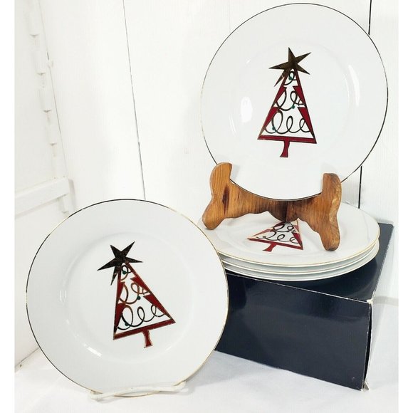 Set of 5 Pier 1 Christmas Tree 7.5” Dessert Salad Plate stylized holiday tree - Picture 1 of 9